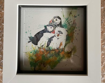 Puffin family painting original puffin family painting print small puffin and chicks print mini  print small picture small art small puffin