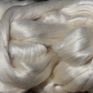 May include: A bundle of off-white, lustrous fiber arranged in loose, overlapping loops. The material has a smooth, reflective surface with a soft, silky texture, showing long, continuous strands bundled together in a dense, intertwined formation.