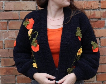 Cárdigan grueso negro con calabazas, cárdigan negro, suéter grande, suéter grueso, cárdigan Knit Bloom, chaqueta corta, chaqueta de otoño