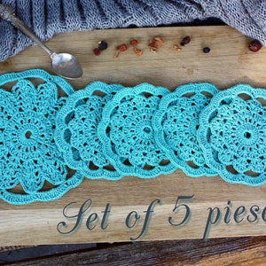Turquoise Drink Coasters, Set Of 5 Coasters, Housewarming Gift, kitchen decor, coffee table decor, Cotton Crochet Coasters, Ready to Ship