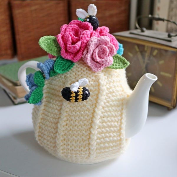 Tea cozy with roses, bells and bees, spring tea, large teapot, afternoon tea, kitchen decor, shebby chic, tea cosy