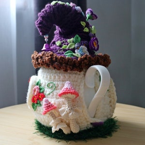 Warmer for teapot, fairytale warmer, Knitted tea cozy, Fairy house teapot cosy, Tea cozy, Crochet violets, Purple house, butterfly on flower