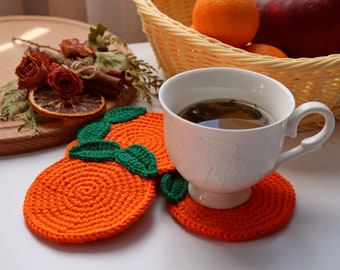 Orange crochet coasters, set of 4 piece, Drink Coasters, Housewarming Gift, kitchen decor, Fruit Crochet Coasters, summer table decoration