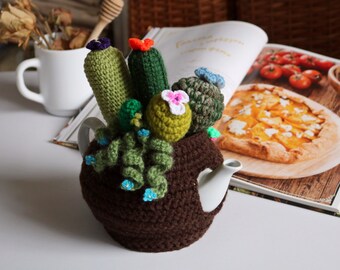 Cactus tea cozy, tea cosy with flowers, Succulent, gift, cactus decor, tea warmer, teapot cover, teapot antistress, crochet tea cosy