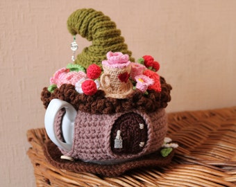 Crochet tea cozy, Fairy house teapot cosy, Fairy-tale house, Crochet daisies, Tea cozy with flowers, Teapot warmer, Tea party