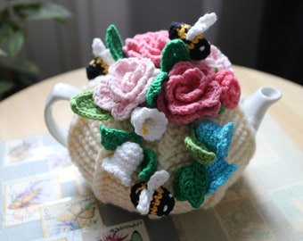 Tea cozy with roses for small teapot, bells and bees, spring tea, small teapot, afternoon tea, kitchen decor, shebby chic, tea cozy