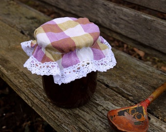 Cubierta de tapa de tela con encaje natural, estampado de celdas grandes de color púrpura y verde, almacenamiento de cocina, tela, decoración de la casa de la granja, mermelada de tela, tapa de la tapa del frasco