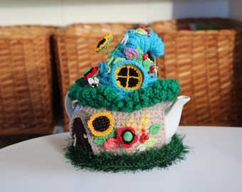 Fairy house teapot cosy, Aromatic tea cozy, Tea cozy, Fairy-tale house, House teapot, Crochet sunflowers, Blue tea cosy, tea party decor