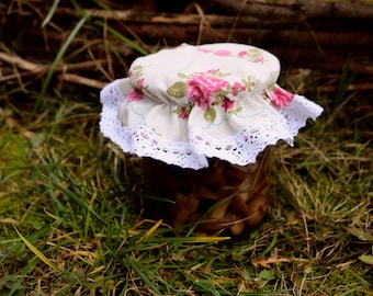 Cubierta de la tapa de tela con encaje natural, estampado de rosas, almacenamiento de cocina, tela, decoración del hogar de la granja, mermelada de tela, tapa de la jarra