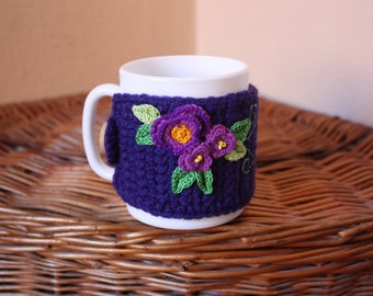 Violet Mug Cozy, Cup in a knitted cover,Coffee Cup Sleeve, Coffee Cozy, Coffee Cup Cozy, Tea Cozy, Mug Warmer, Coffee Sleeve, gifts under 20