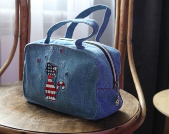 Bolsa cosmética de mezclilla reciclada con gato, bolsa de maquillaje, estuche para lápices, bolsa con cremallera, ecológica, estuche cosmético, bolsa azul y roja, para viajar