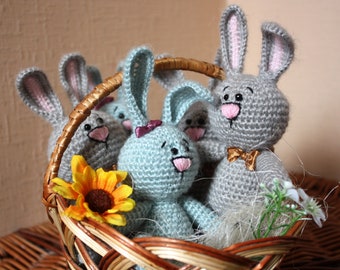 Crochet bunny, boy and girl, gray rabbit, blue rabbit, bunny with a bow, fluffy toy, Easter gift, Easter decor, Stuffed crochet plush toys