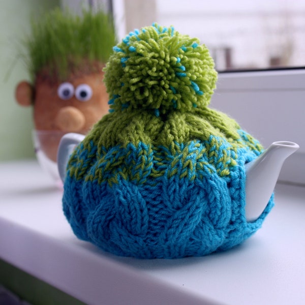 Knit tea cozy with pom pom, teapot warmer, wool tea cosy, small teapot, tea lover gift, knitted tea cosy, yellow,  light blue, green