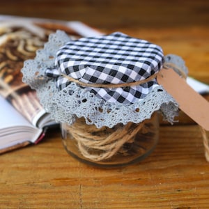 Couverture de couvercle en tissu avec dentelle naturelle, imprimé de cellules noires, Rangement de cuisine, Tissu, Écologique, Décor à la maison de ferme, Confiture de tissu, couvercle de bocal