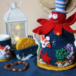Nautical tea cover, Crochet tea cozy, red octopus, seaside tea warmer, crochet marine decor, corals, tea cosy, knitted tea cosy, teapot