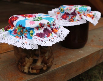 Cubierta de la tapa de tela con encaje natural, estampado de flores brillantes, almacenamiento de cocina, tela, decoración del hogar de la granja, mermelada de tela, tapa de la tapa del frasco