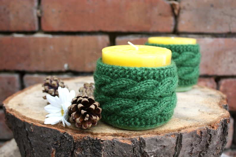 Knit candle cozy with candle knitted candle holder Green Etsy