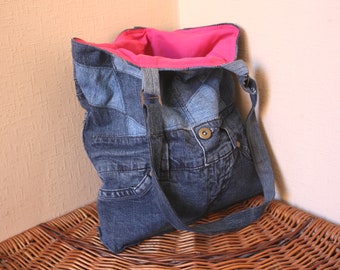 Recycled jeans bag, eweryday bag, cotton lining, Bag women, upcycling Jeans, pink, bag with pockets
