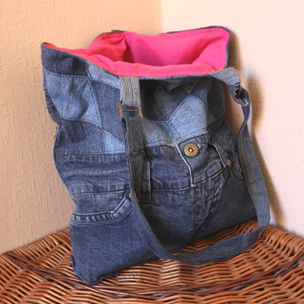 Recycled jeans bag, eweryday bag, cotton lining, Bag women, upcycling Jeans, pink, bag with pockets