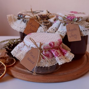 Cottagecore cotton Jam Jar Lid Covers with lace, Kitchen Food Storage, Farmhouse Home Decor, Cloth jam jar tops, floral print, butterflies