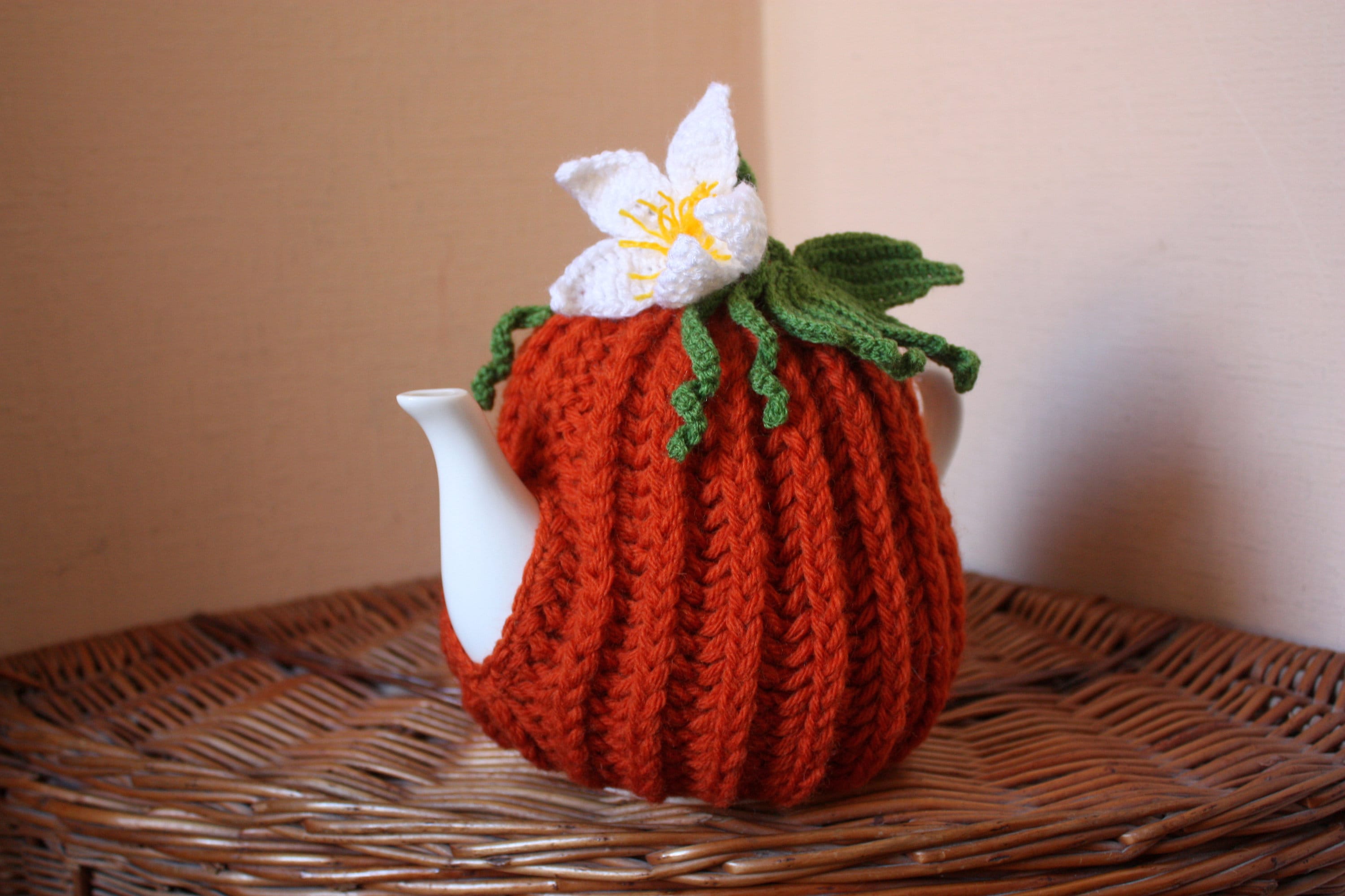 Thé à La Citrouille Confortable, Thé Tricot Fleur, Couverture de Théière en Tricot, Orange, Décor Cu