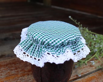 Cubierta de tapa de tela con encaje natural, estampado de células verdes, almacenamiento de cocina, tela, decoración del hogar de la granja, mermelada de tela, tapa de la tapa del frasco
