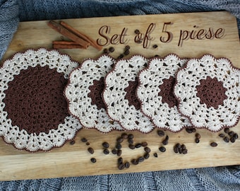 Drink Coasters, Set Of 5 Coasters, Housewarming Gift, kitchen decor, coffee table decor, Crochet Coasters, Ready to Ship