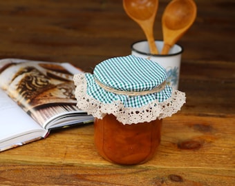 Tapa de tela con encaje natural, estampado de celdas verdes, almacenamiento de cocina, tela, ecológico, decoración del hogar de estilo rústico, mermelada de tela, tapa de tarro
