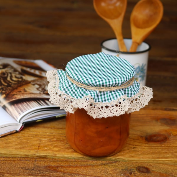 Couverture de couvercle en tissu avec dentelle naturelle, imprimé de cellules vertes, Rangement de cuisine, Tissu, Écologique, Décor à la maison de ferme, Confiture de tissu, couvercle de bocal