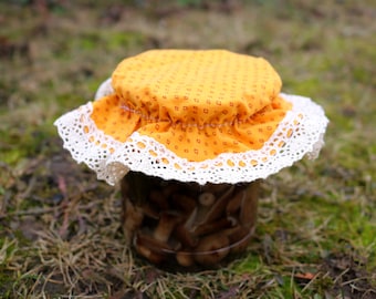 Tapa de tela con encaje natural, amarillo mostaza, almacenamiento de cocina, tela, decoración del hogar de estilo rústico, mermelada de tela, tapa de tarro