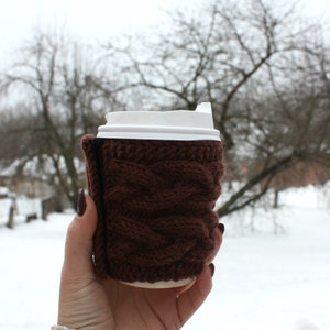 Knit mug cosy, coffee to go, mug cover, cup cozy, knitted mug warmer, mug sleeve, coffee cozy, brown tea cosy, gray tea cover