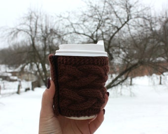 Knit mug cosy, coffee to go, mug cover, cup cozy, knitted mug warmer, mug sleeve, coffee cozy, brown tea cosy, gray tea cover