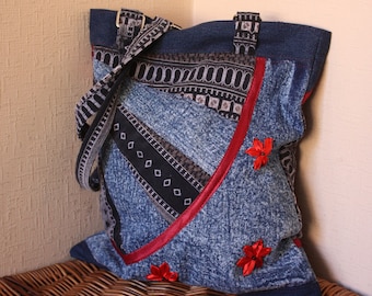 Bag with red flowers, Patch Bag, Denim bag, shopper bag, Recycled jeans bag, cotton lining, Bag women, bag crossbody, shopping bag