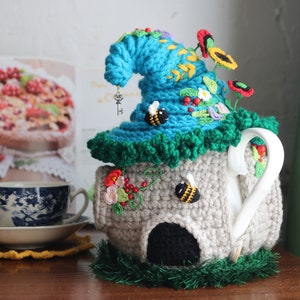 Fairy house teapot cosy, tea cozy, Tea party decor, teapot warmer, rustic house, poppies flowers, tea cosy, sunflowers crochet, Tea time
