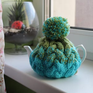 Knit tea cozy with pom pom, teapot warmer, wool tea cosy, small teapot, tea lover gift, knitted tea cosy, yellow,  light blue, green