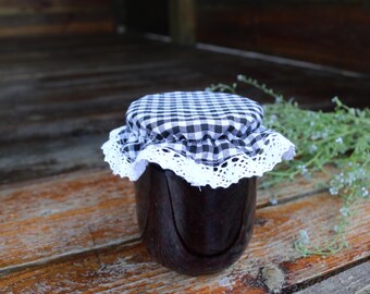 Tapa de tela con encaje natural, estampado de celdas negras, almacenamiento de cocina, tela, decoración rústica para el hogar, mermelada de tela, tapa de tarro