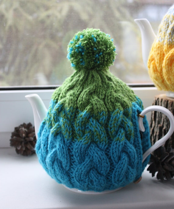 Knitted Tea Cozy With Pom Pom, Yellow-light Blue, Green-blue