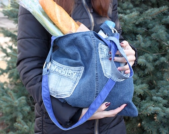 Denim bag, Recycled jeans bag, blue shopper bag, Denim purse bag, Bag with pockets, daily bag, capacious bag, Eco friendly