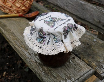 Cubierta de la tapa de tela con encaje natural, estampado de mariposas, almacenamiento de cocina, tela, decoración del hogar de la granja, mermelada de tela, tapa de la tapa del frasco