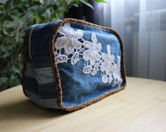 Denim cosmetic bag for travel, Makeup Bag or Pencil Case, Zipper Pouch, Cosmetic Case, Makeup Purse, Upcycled Cosmetic Case, Luxury Eco Gift