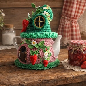 May include: A decorative teapot with a crocheted strawberry house tea cosy. The cosy has a green roof, pink walls, and red strawberry details. A jar of jam and fresh strawberries are placed nearby, creating a quaint, rustic setting.