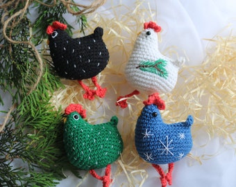 Pollo, Adorno para árbol de Navidad, Adornos para árbol, Regalo de Navidad, Pollo de crochet, Decoración de pollo, Adorno de pollo