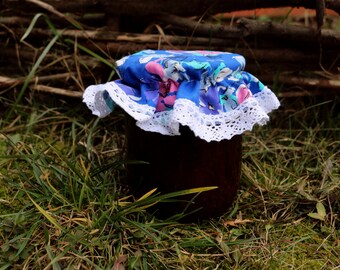 Cubierta de la tapa de tela con encaje natural, estampado de flores azules, almacenamiento de cocina, tela, decoración del hogar de la granja, mermelada de tela, tapa de la tapa del frasco