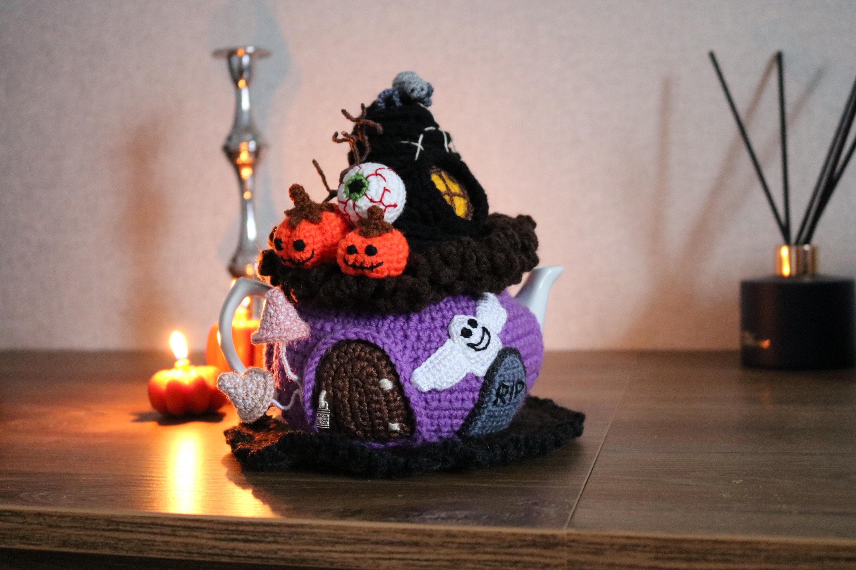 Halloween tea cozy, Crochet pumpkins, teapot cosy, teapot cozy, Witches decor, fairy house, Witches house, crochet halloween, spider web