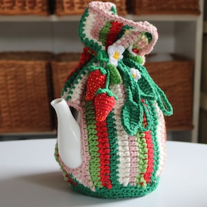 Tea cozy with strawberries, crochet tea cozy, big tea cosy, teapot cover, knitted tea cozy, teapot warmer