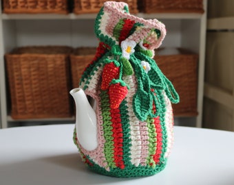 Funda de té con fresas, funda de té de ganchillo, funda de té grande, funda de tetera, funda de té de punto, calentador de tetera