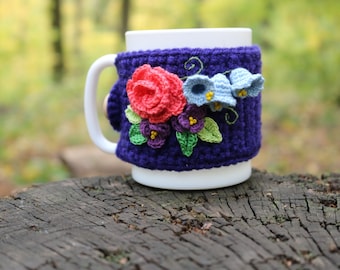 Mug cosy with flowers, crochet mag warmer, cup cozy, mug in cover, Coffee Mug Cozy, Coffee Mug Sweater, crochet cup cozy, Coffee Cup Sleeve