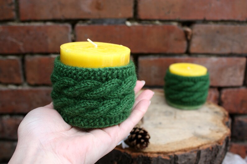 Knit Candle Cozy With Candle Knitted Candle Holder Green Etsy