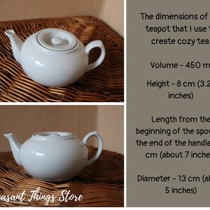 May include: White ceramic teapot with a lid, a spout, and a handle. The teapot is sitting on a woven wicker surface. The teapot has a capacity of 450 ml, a height of 8 cm (3.25 inches), a length of 18 cm (7 inches) from the spout to the handle, and a diameter of 13 cm (5 inches).