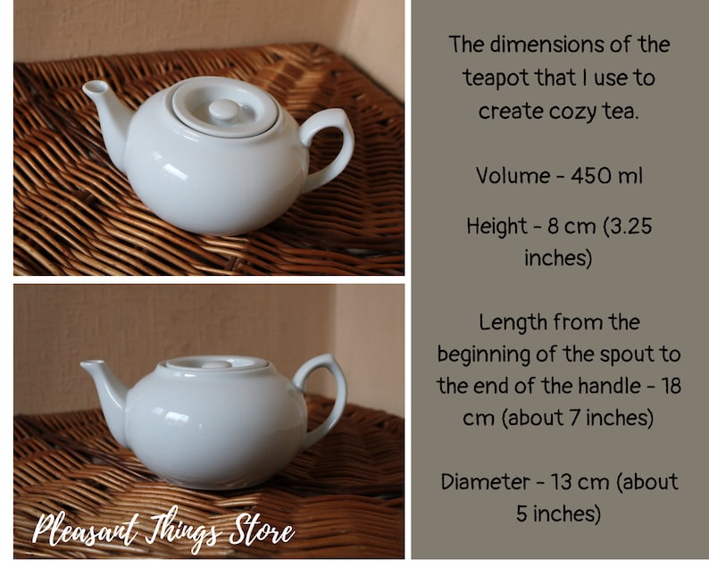 May include: White ceramic teapot with a lid, a spout, and a handle. The teapot is sitting on a woven wicker surface. The teapot has a capacity of 450 ml, a height of 8 cm (3.25 inches), a length of 18 cm (7 inches) from the spout to the handle, and a diameter of 13 cm (5 inches).